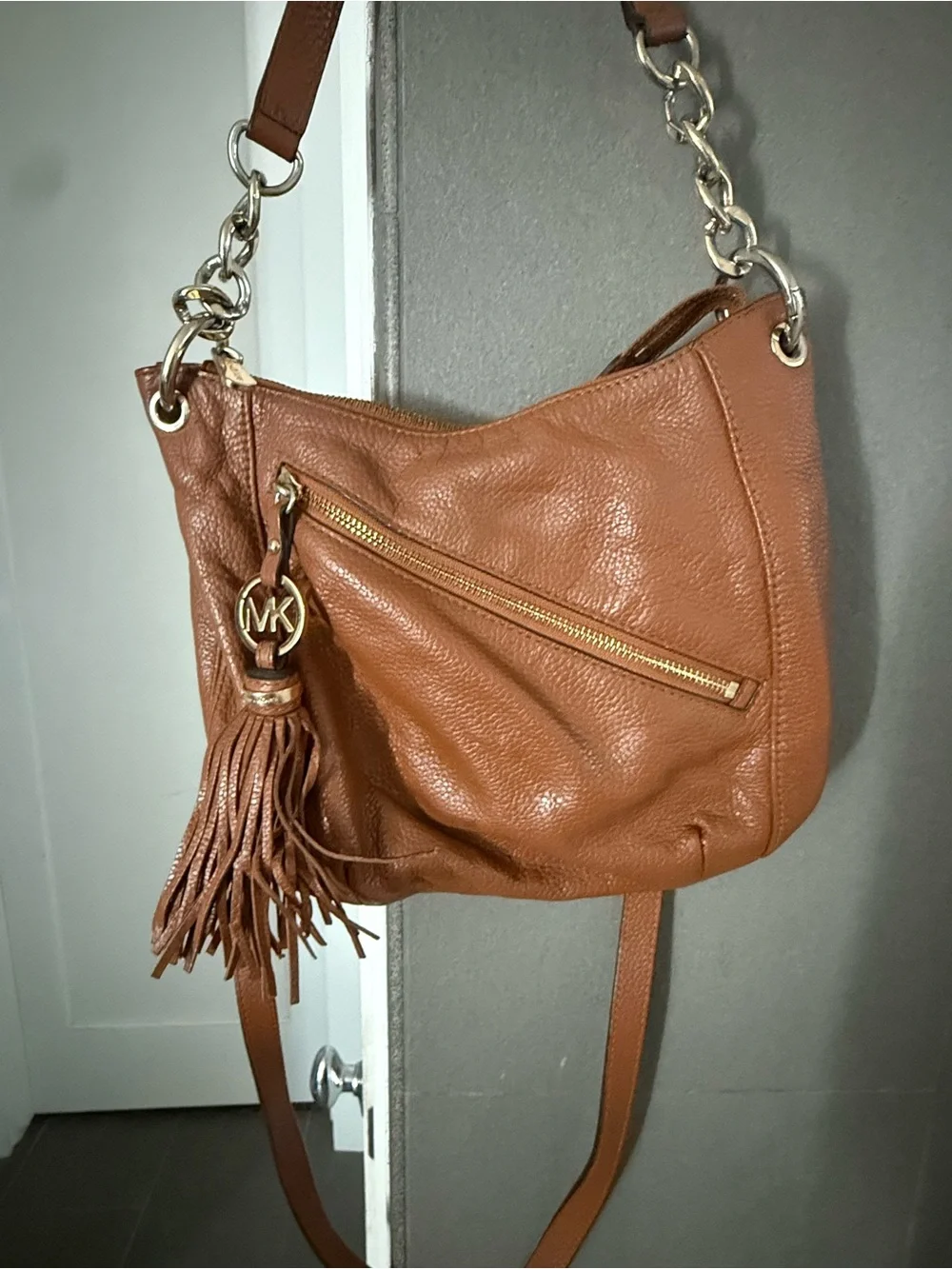 Michael Kors Cognac Brown Leather Hobo Bag Tassel Chain Y2K Style